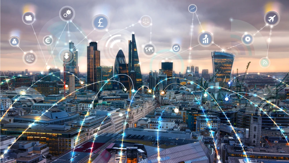 image of london skyline with visual illustrations of technology