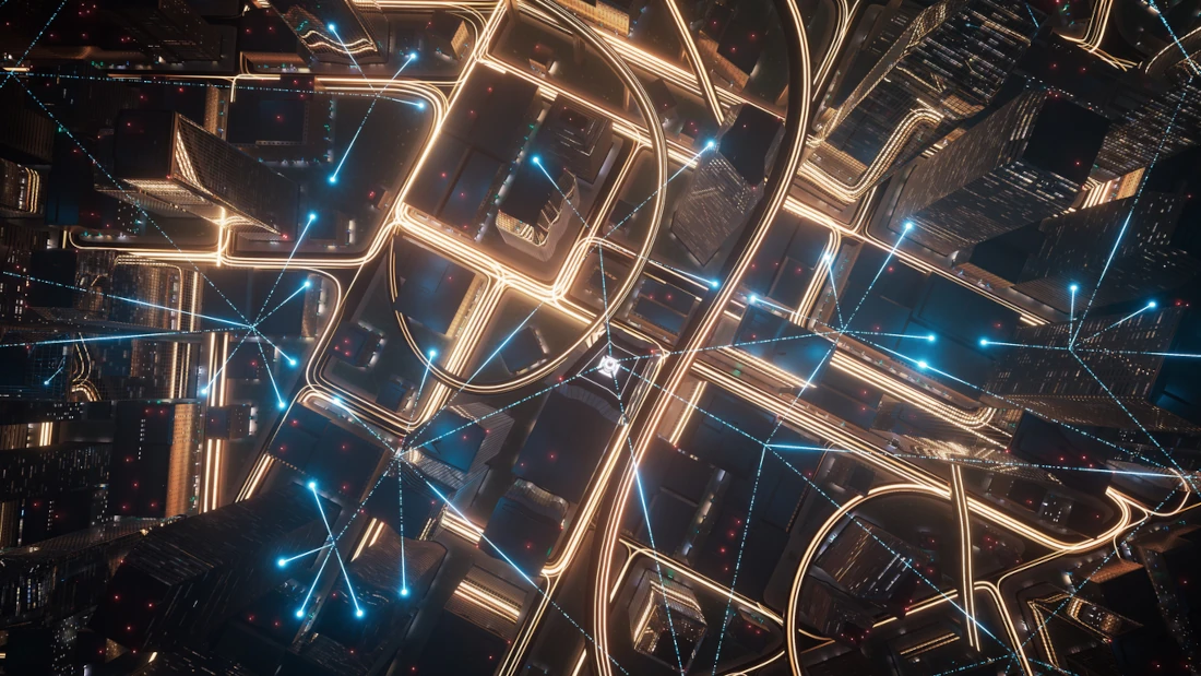 Connection Lines Over Streets And Skyscrapers