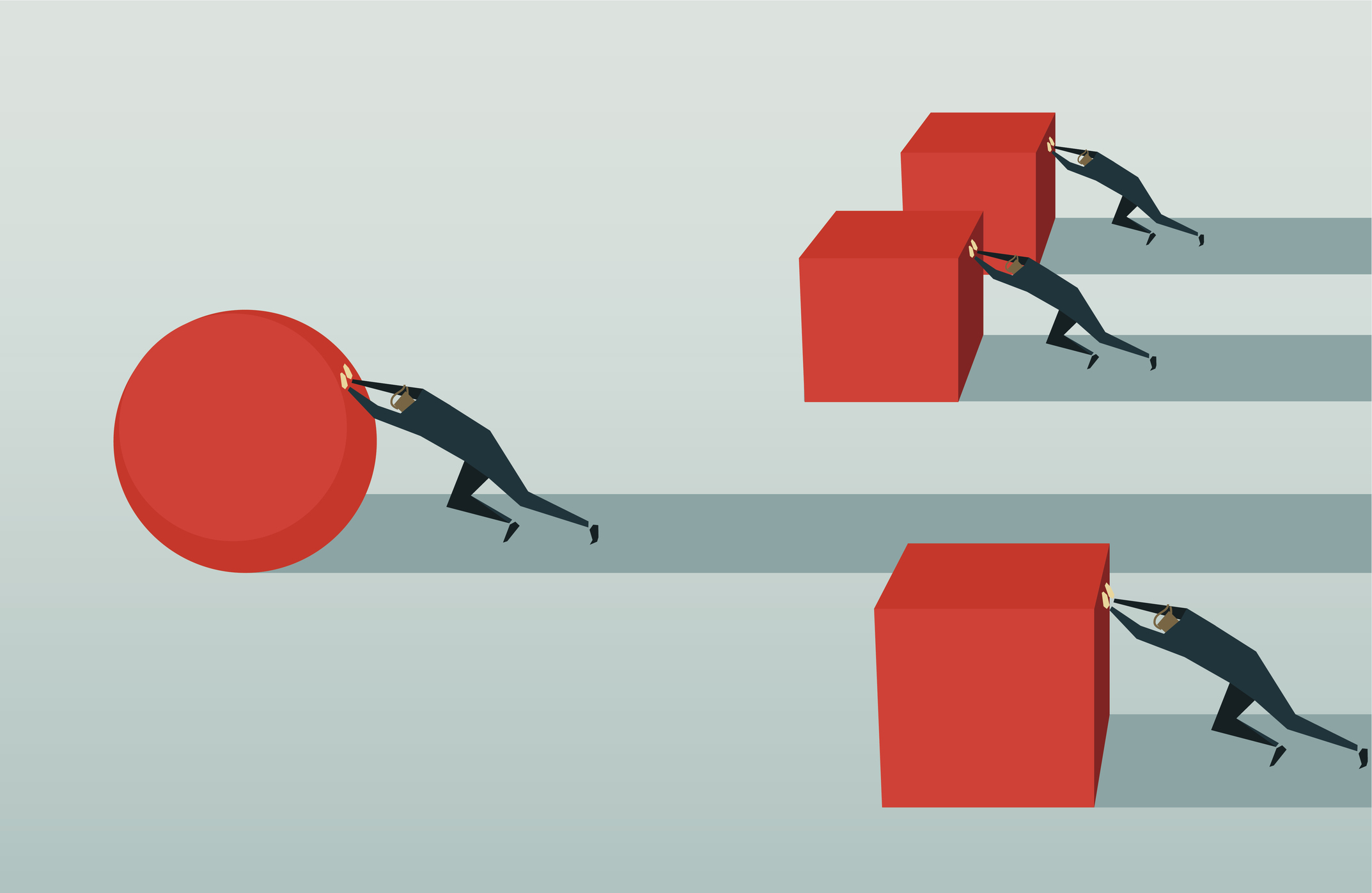 people pushing square blocks and a ball